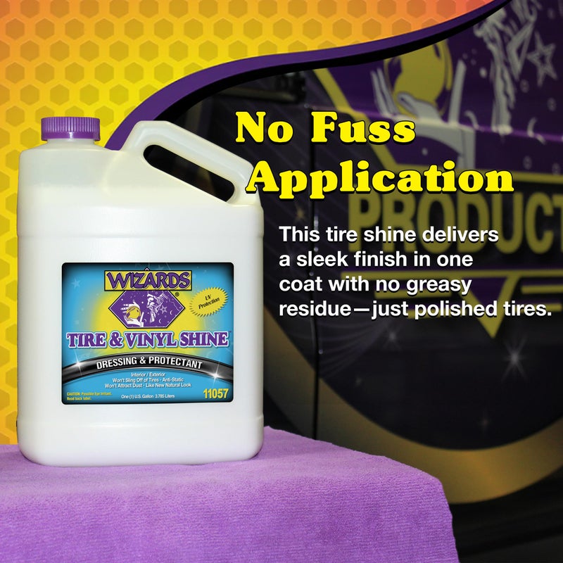 WIZARDS سحر - رذاذ لمعان الفينيل والإطارات، معالجة وحماية الإطارات، رذاذ تفصيل احترافي، لا يتناثر، رذاذ تفصيل سيارات مضاد للكهرباء الساكنة، يحافظ على مظهر الإطارات والفينيل كالجديد، منتجات العناية بالسيارات، 1 جالون - Image 5